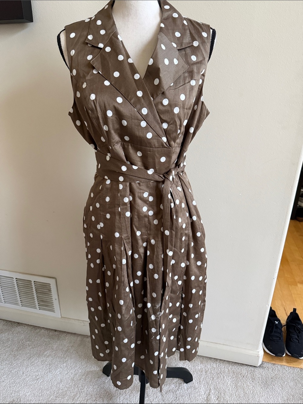 Tommy Hilfiger Brown and White Polka Dot Sleeveless Wrap Midi Dress